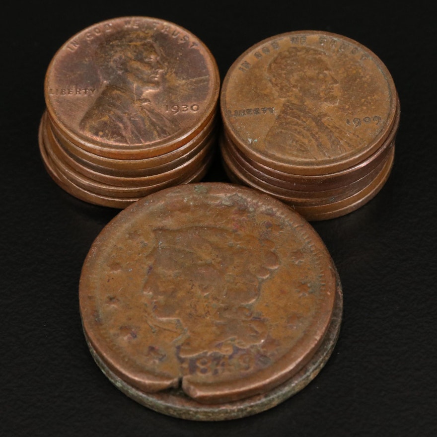 Lincoln Wheat Cents and Two Large Cents