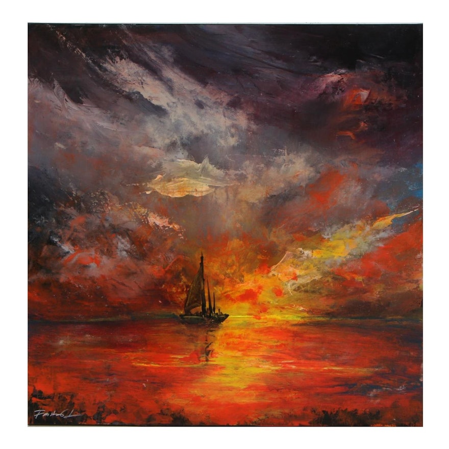 Farshad Lanjani Acrylic Painting "Ship in Sunset," 21st Century