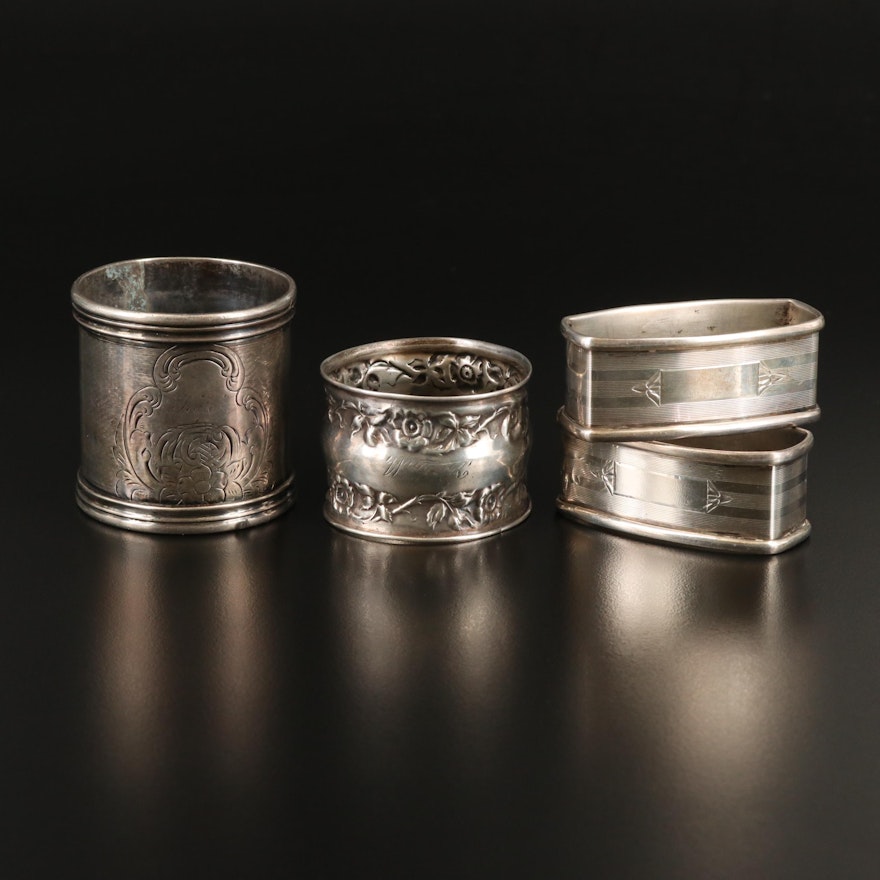 Webster and Other Sterling Silver and Metal Napkin Rings, Antique