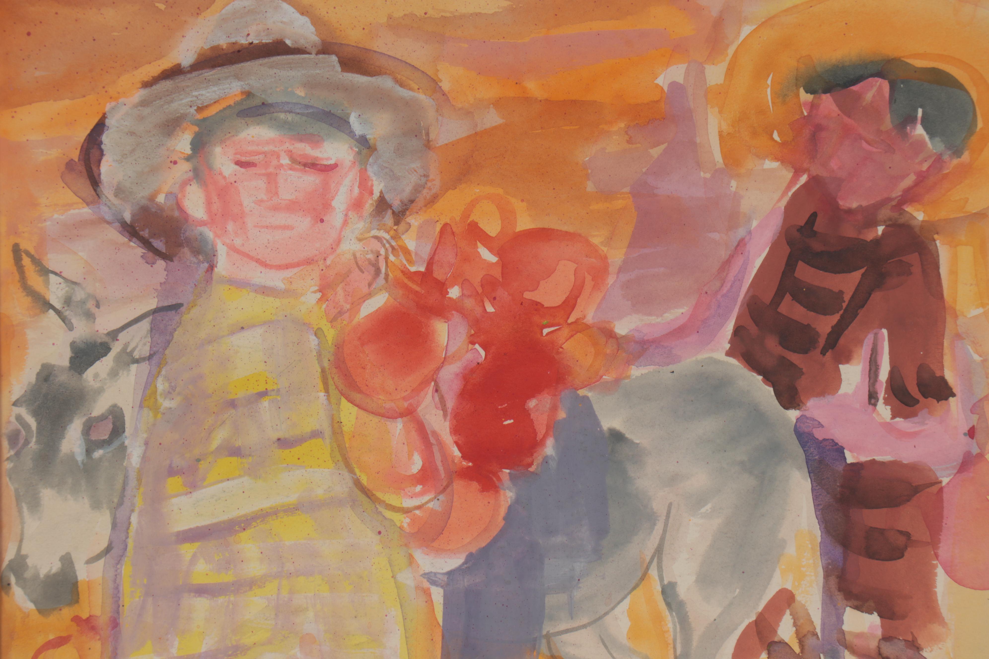 Gustav Likan Watercolor Painting "Village Boys," 1965