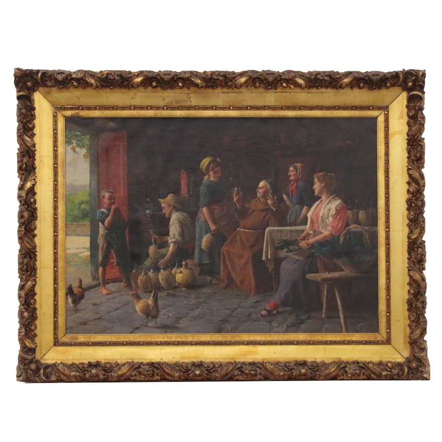 Italian School Oil Painting of Wine Bottling Interior Scene, Mid-20th Century