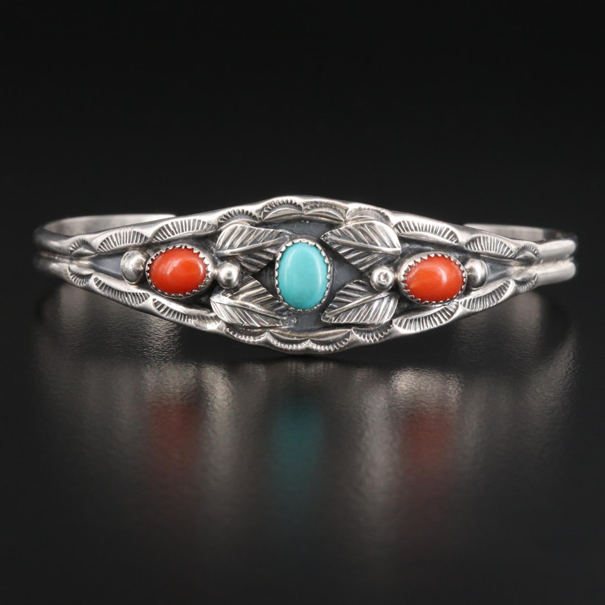 Irene Tsosie Navajo Diné Sterling Silver Coral and Turquoise Cuff