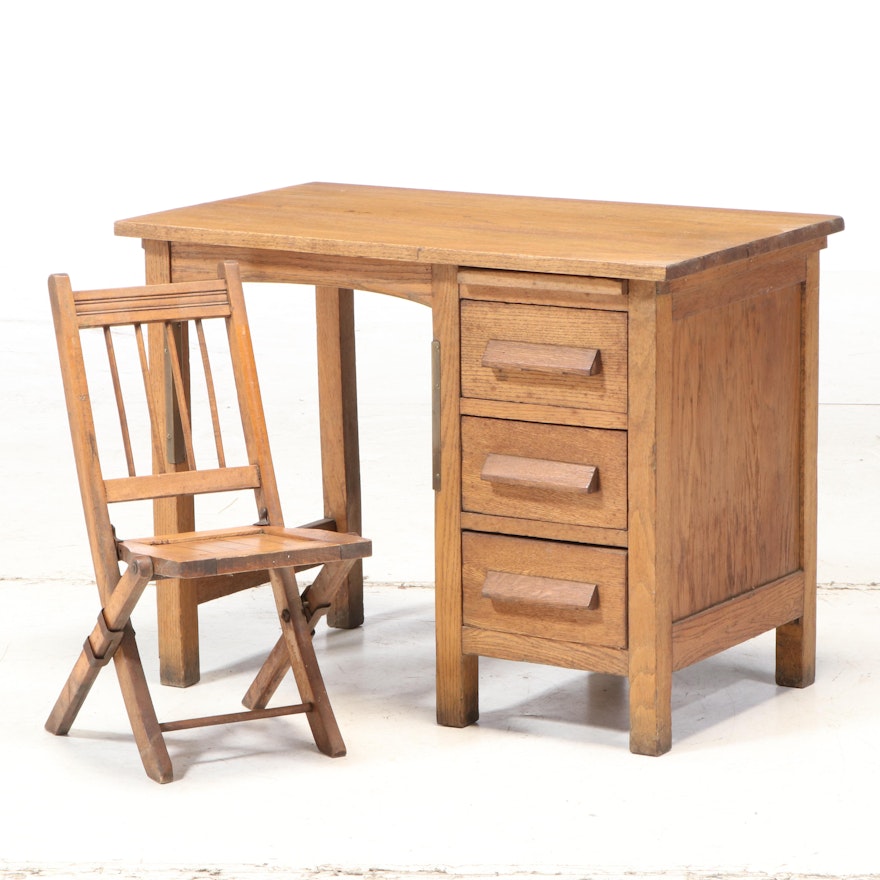Arts & Crafts Child's Oak Desk and Folding Chair, Early to Mid-20th Century