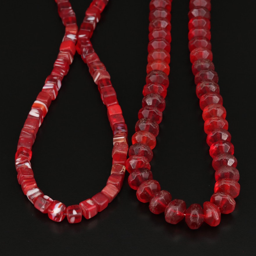 Czech Red Vaseline and Kancamba Glass Trade Bead Necklaces
