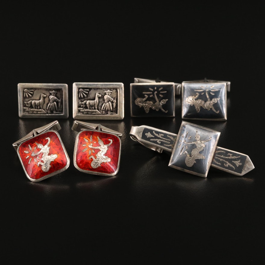 Thai and Peruvian Themed Sterling Cufflinks with Tie Clip and Niello