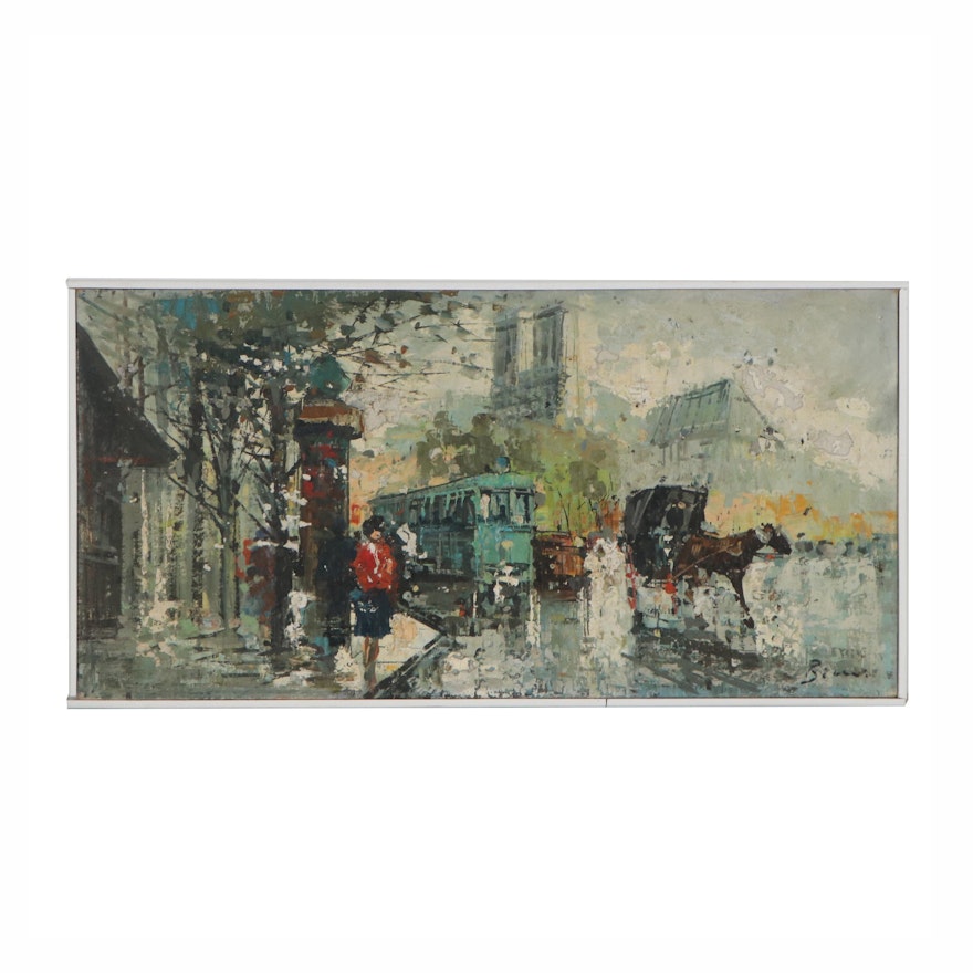 Paris Street Scene Oil Painting, Late 20th Century