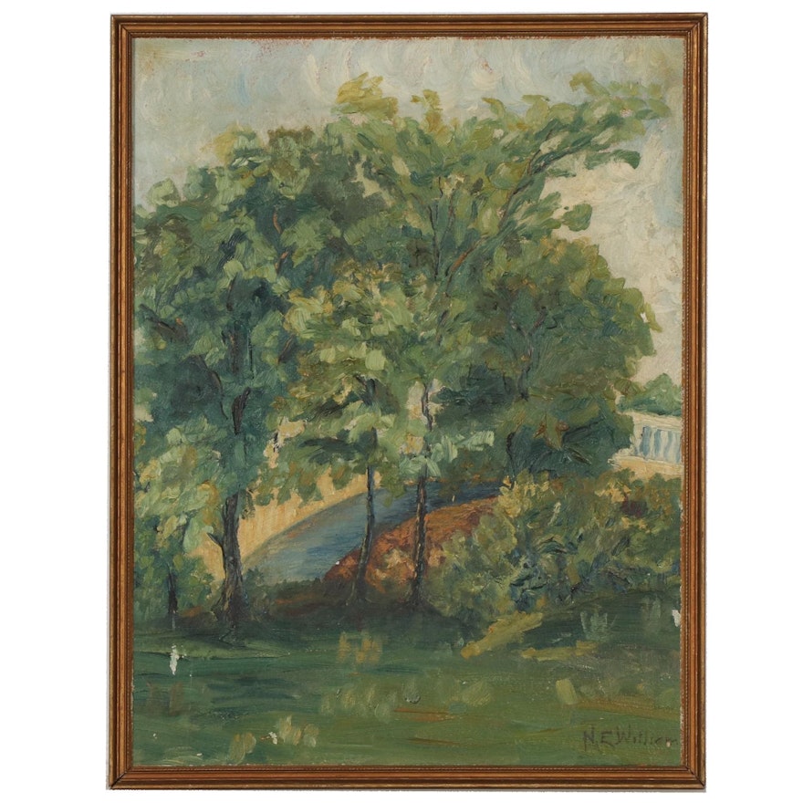 Landscape with Trees Oil Painting, Mid to Late 20th Century