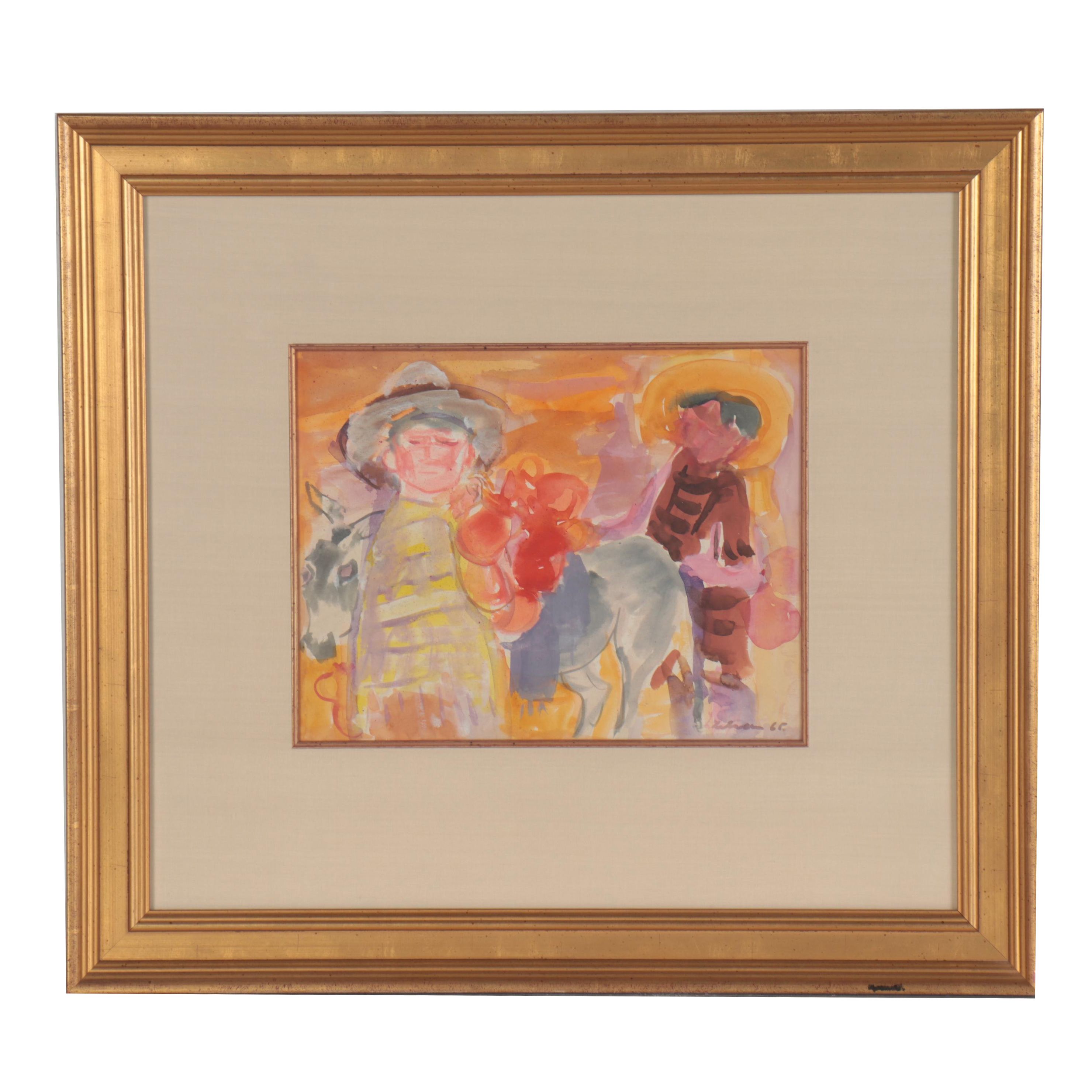 Gustav Likan Watercolor Painting "Village Boys," 1965