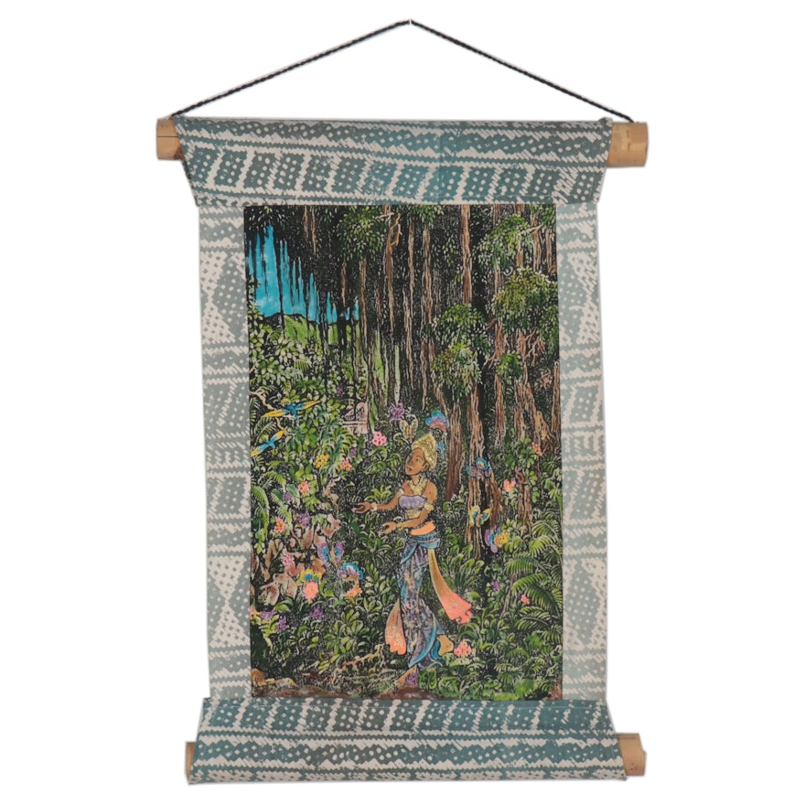 Balinese Embellished Serigraph Wall Hanging, Late 20th Century