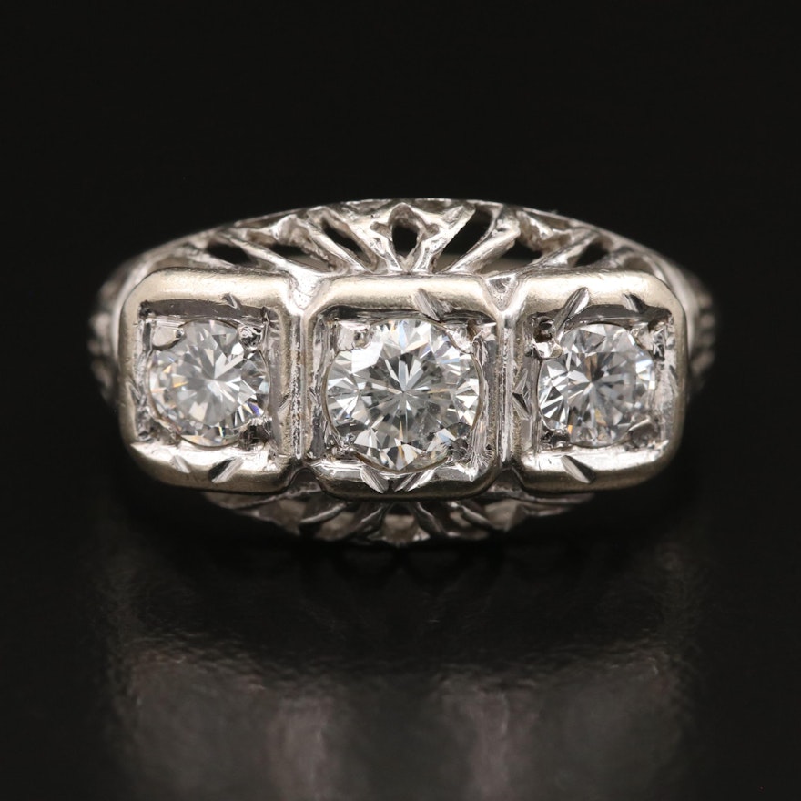 Vintage 14K Three Stone Diamond Openwork Ring