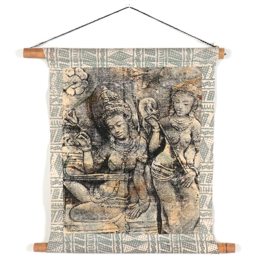 Embellished Serigraph of Borobudur Temple Carvings, Late 20th Century