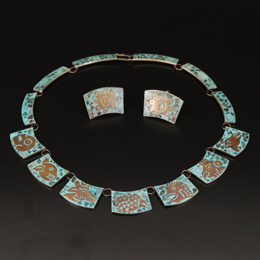 Sterling Mesoamerican Glyph Themed Panel Necklace and Earring Set