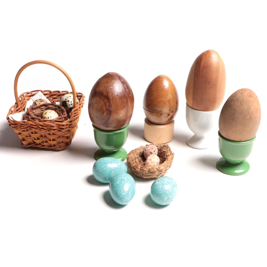Decorative Wooden Eggs, Quail Eggs, and Stone Eggs with Nests and Basket