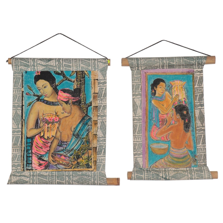 Balinese Embellished Serigraph Wall Hangings, Late 20th Century