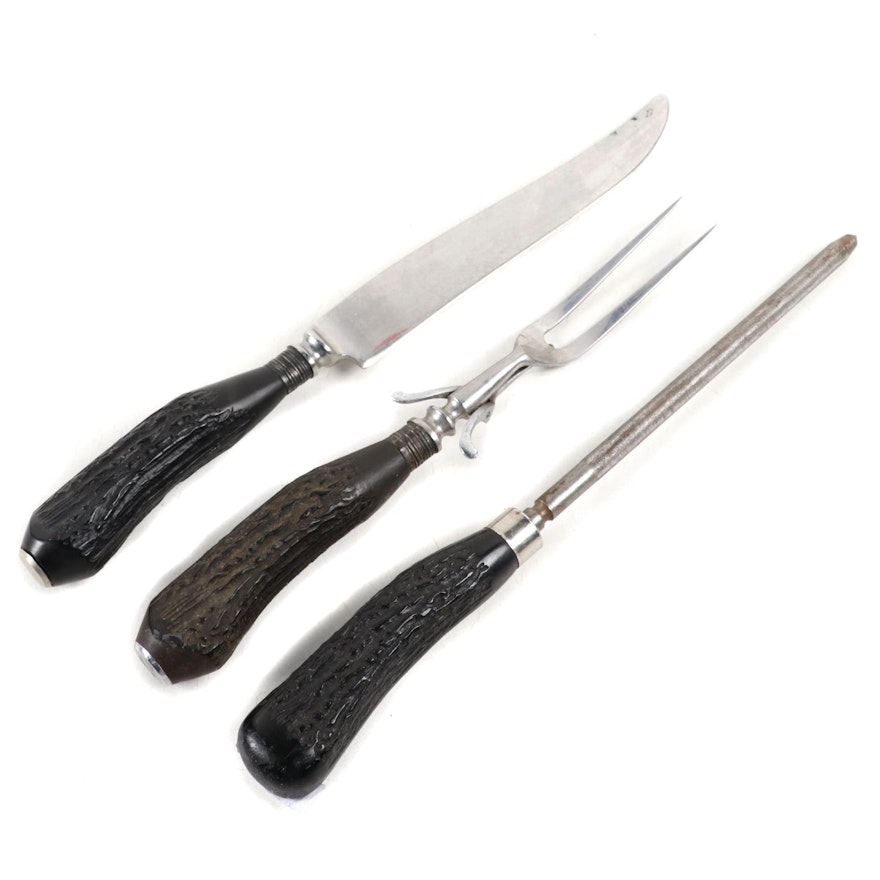 Lamson Three Piece Carving Set with Jigged Resin Handles, Early-Mid 20th C.