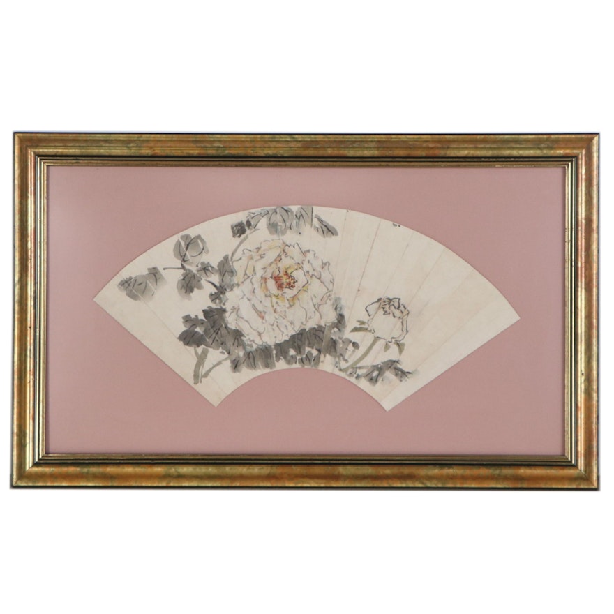 Chinese Fan with Ink Painted Peonies, Late 20th Century