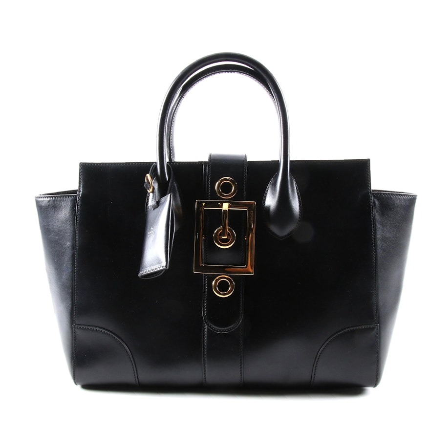 Gucci Lady Buckle Medium Top Handle Bag in Smooth Black Leather