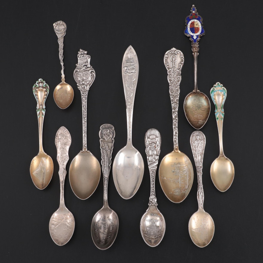 Mechanics, Paye & Baker and other Sterling Silver Souvenir Spoons, Antique