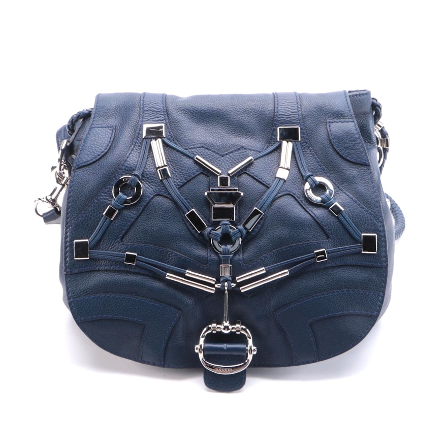 Gucci Techno Horsebit Embellished Navy Leather Convertible Messenger Bag