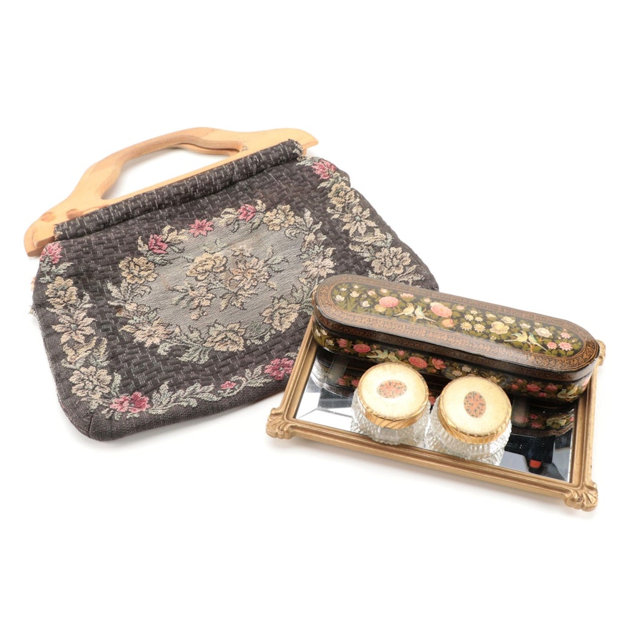 Hand-Painted Lacquer Pen Box with Other Vanity Items and Purse