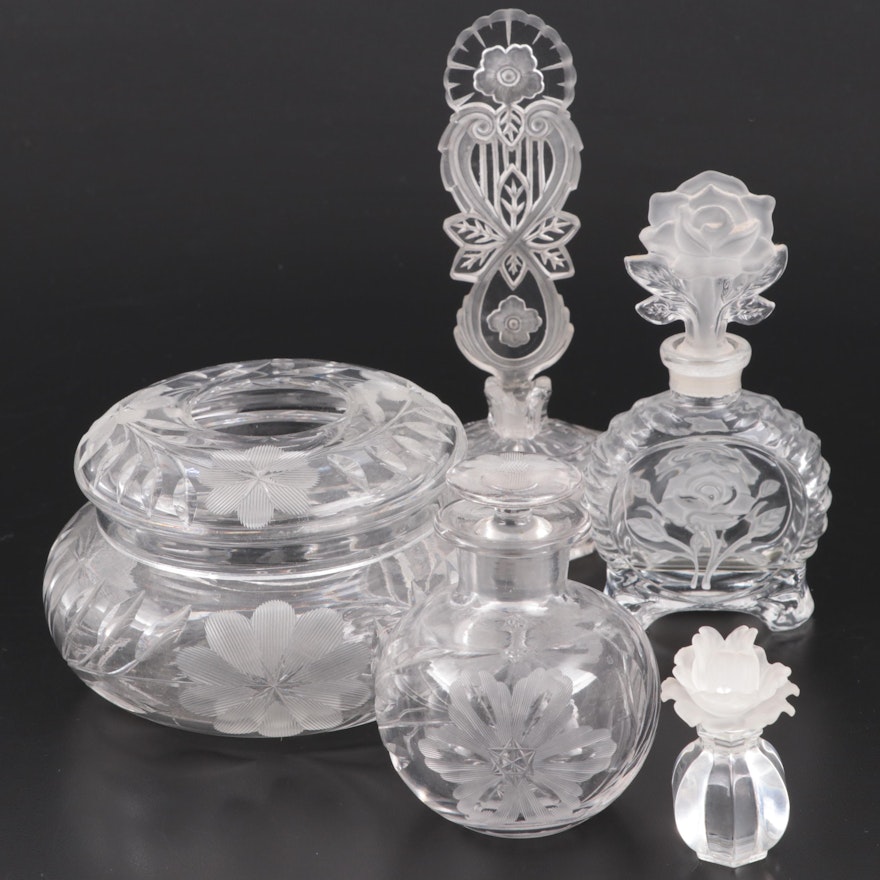 Etched Glass Perfume Bottles and Vanity Jar, Mid to Late 20th Century