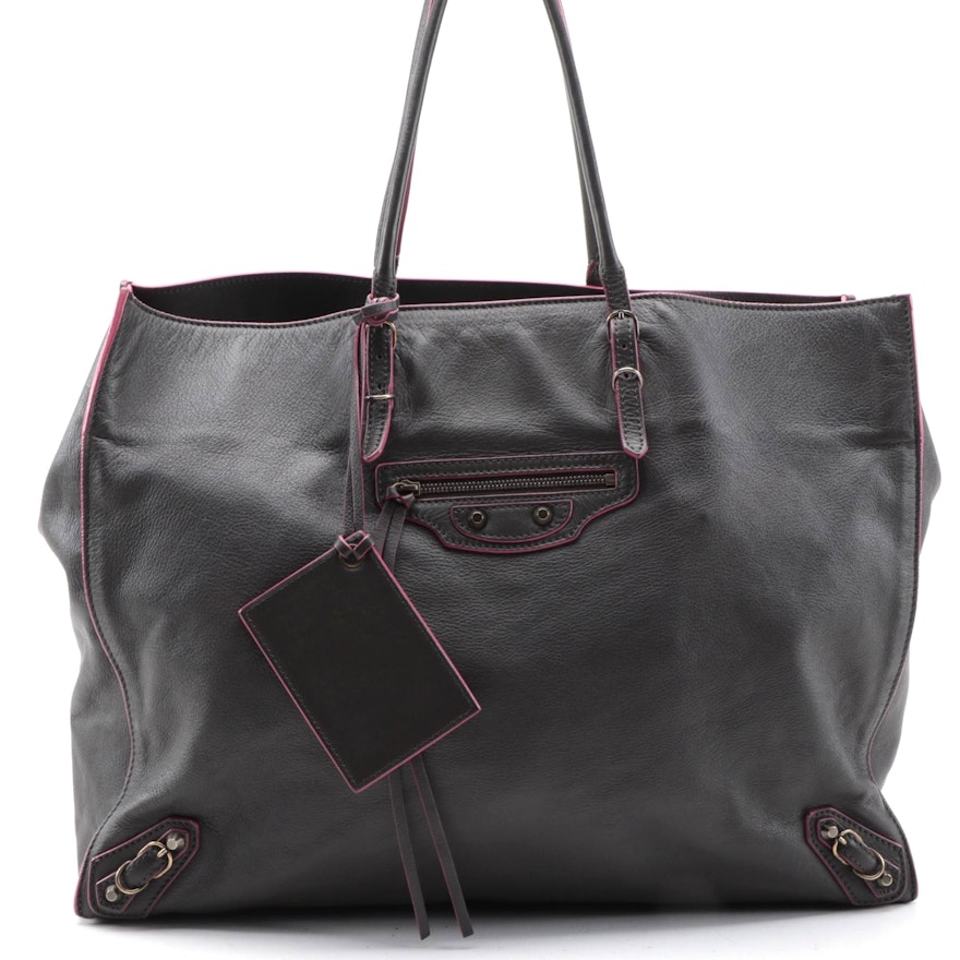 Balenciaga Papier A4 Medium Tote in Dark Grey Grained Leather with Pink Edge