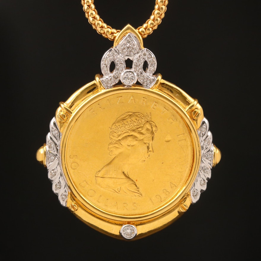 18K and 14K Diamond Necklace with 1984 Canadian $50 Gold Maple Leaf Coin