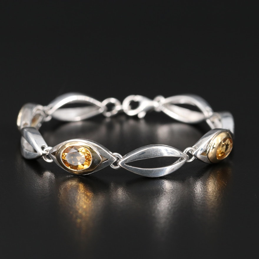 Sterling Silver Citrine Link Bracelet with 18K Bezel Accents