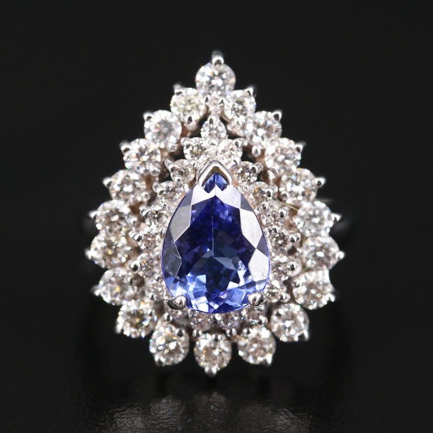 14K 1.53 CT Tanzanite and 1.91 CTW Diamond Double Halo Teardrop Ring