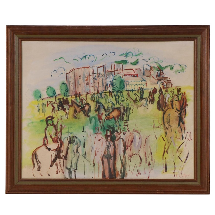 A. Culler Oil Painting of Gathered Horses and Spectators