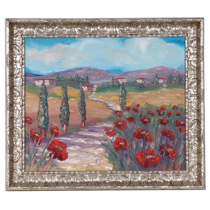 Sarah Kadlic Impressionist Style Oil Painting of European Landscape with Flowers