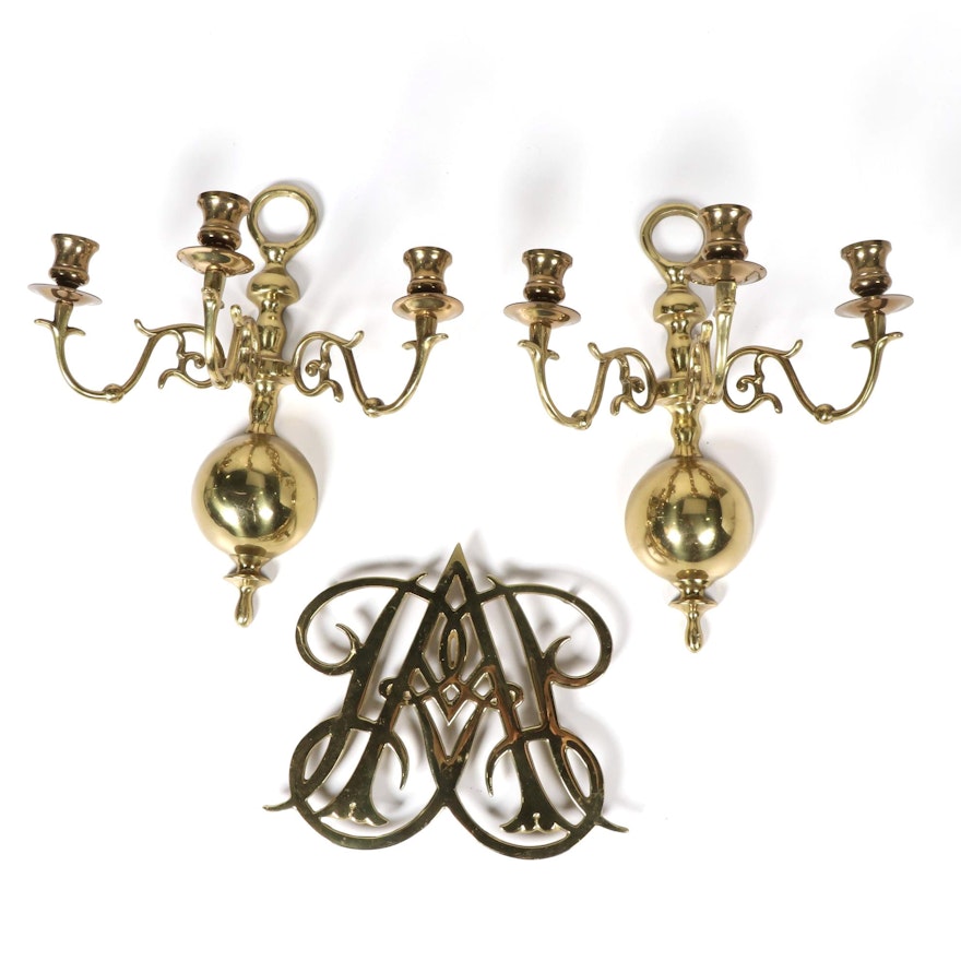 Virginia Metalcrafters Queen Anne Cypher Trivet and Other Brass Candle Sconces