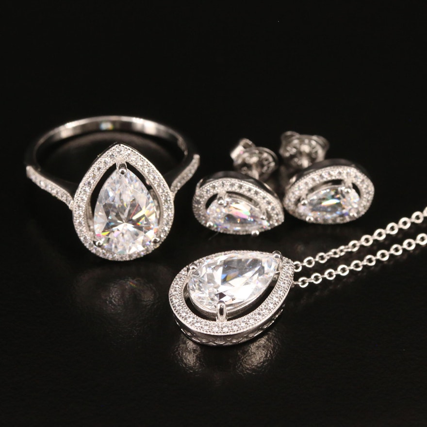 Sterling Cubic Zirconia Necklace, Ring and Earring Set