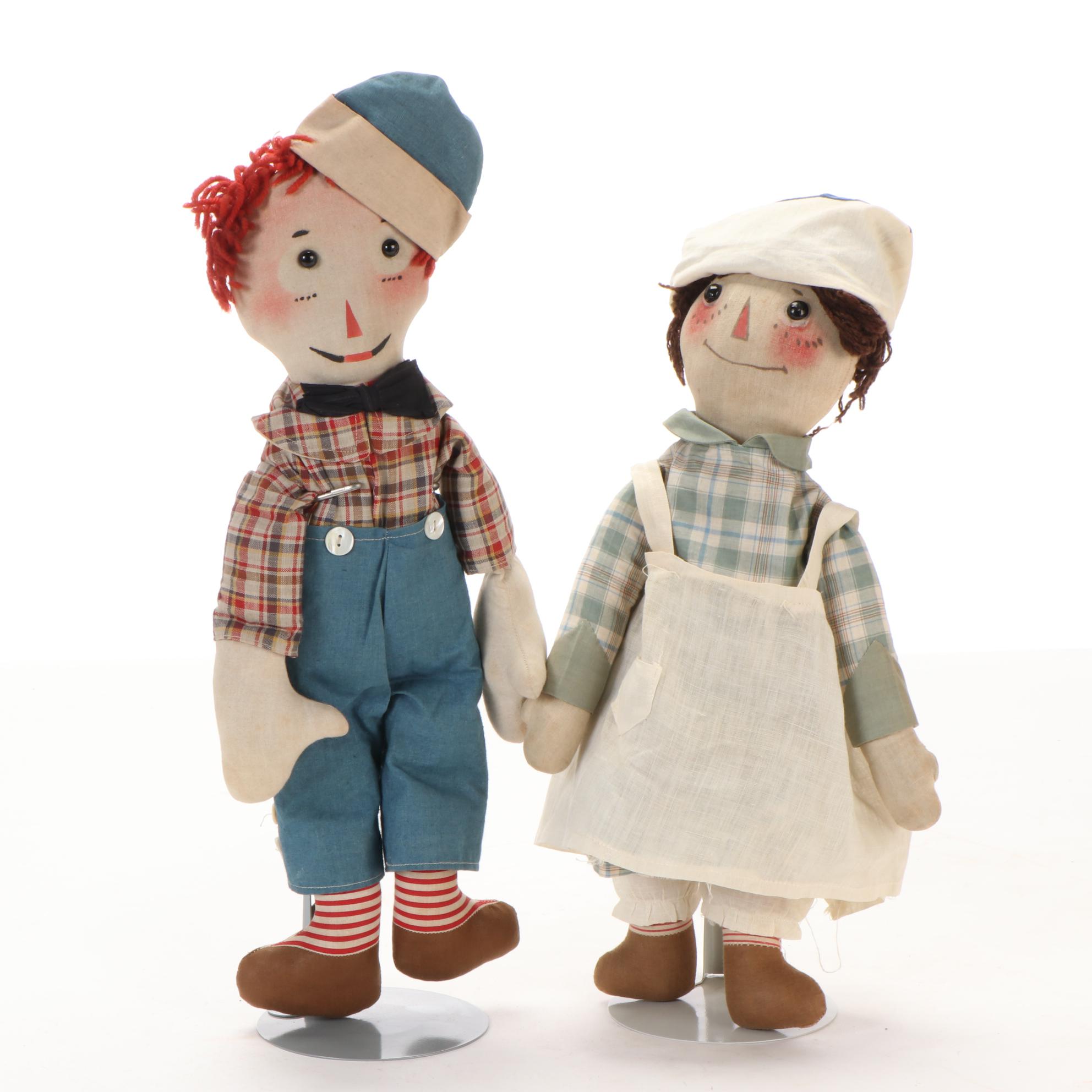 P.F. Volland Raggedy Ann and Andy Cloth Dolls and Display Case, Early 20th C.