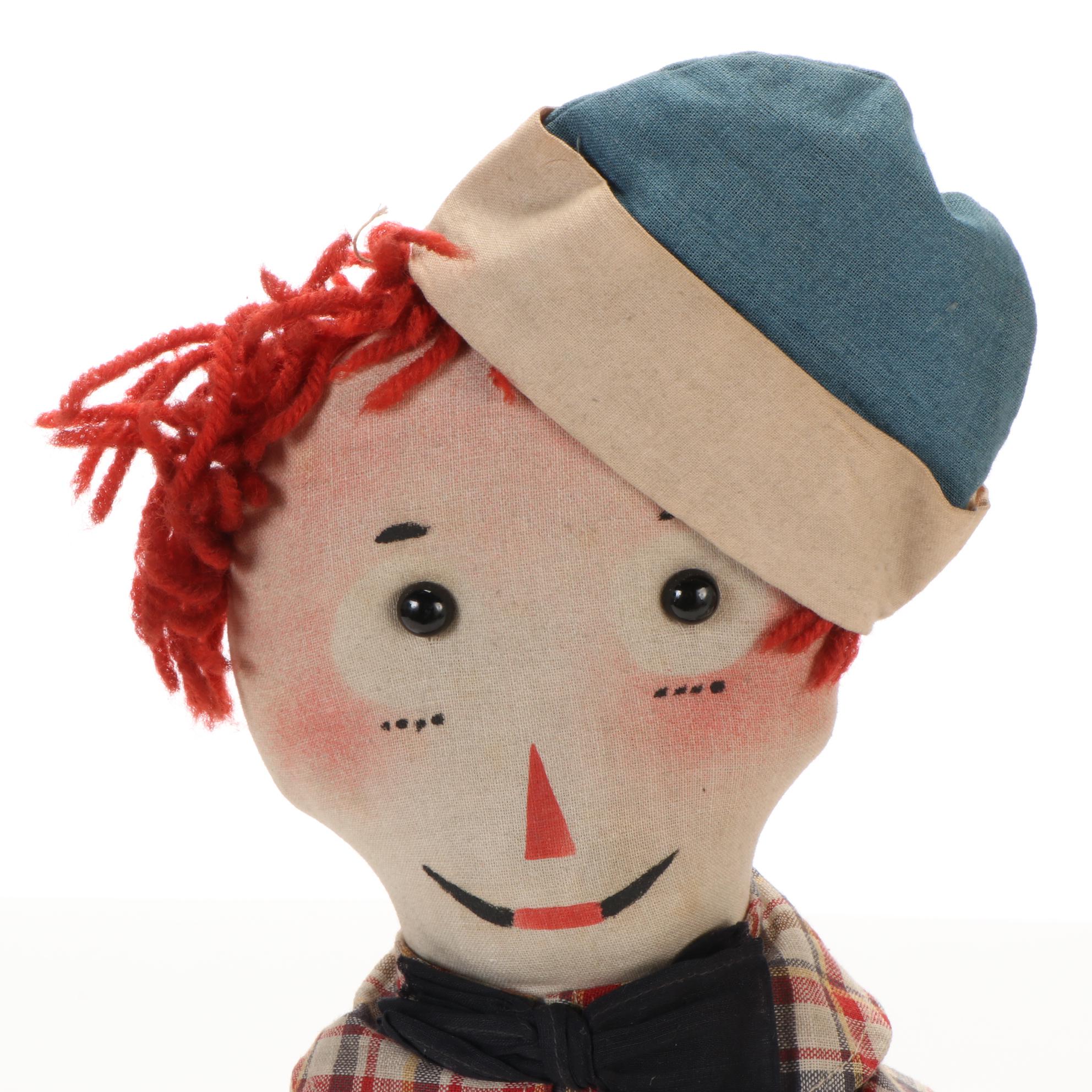 P.F. Volland Raggedy Ann and Andy Cloth Dolls and Display Case, Early 20th C.