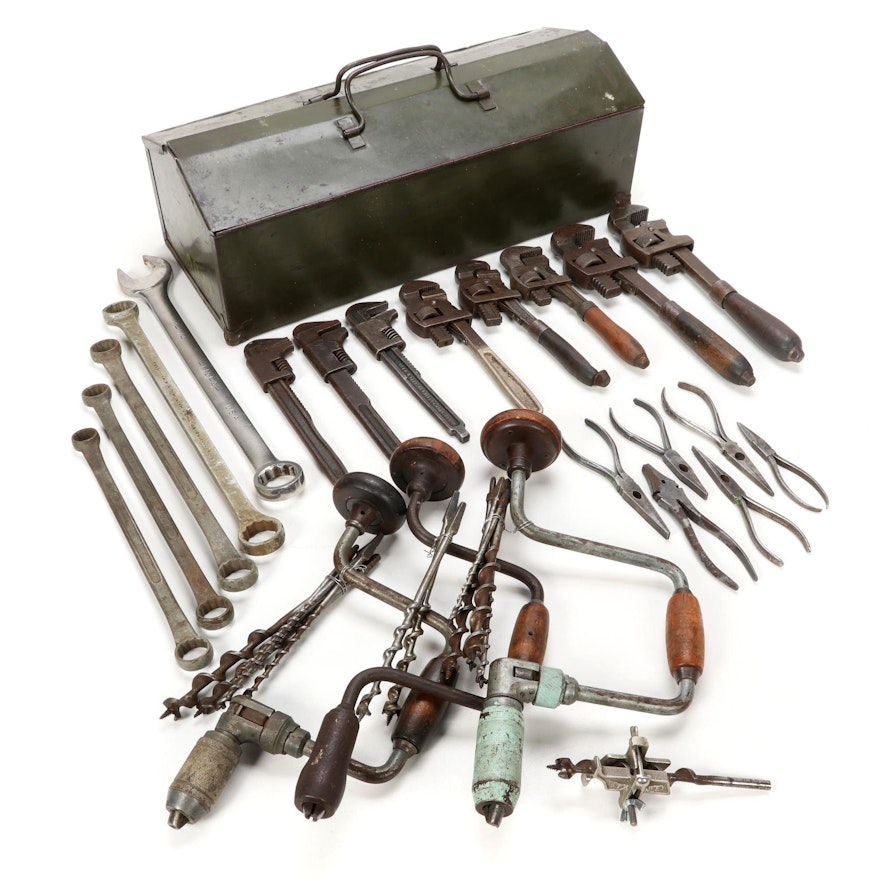 Hand Tools Including Steel Toolbox, Wrenches, and Pliers, 1940s