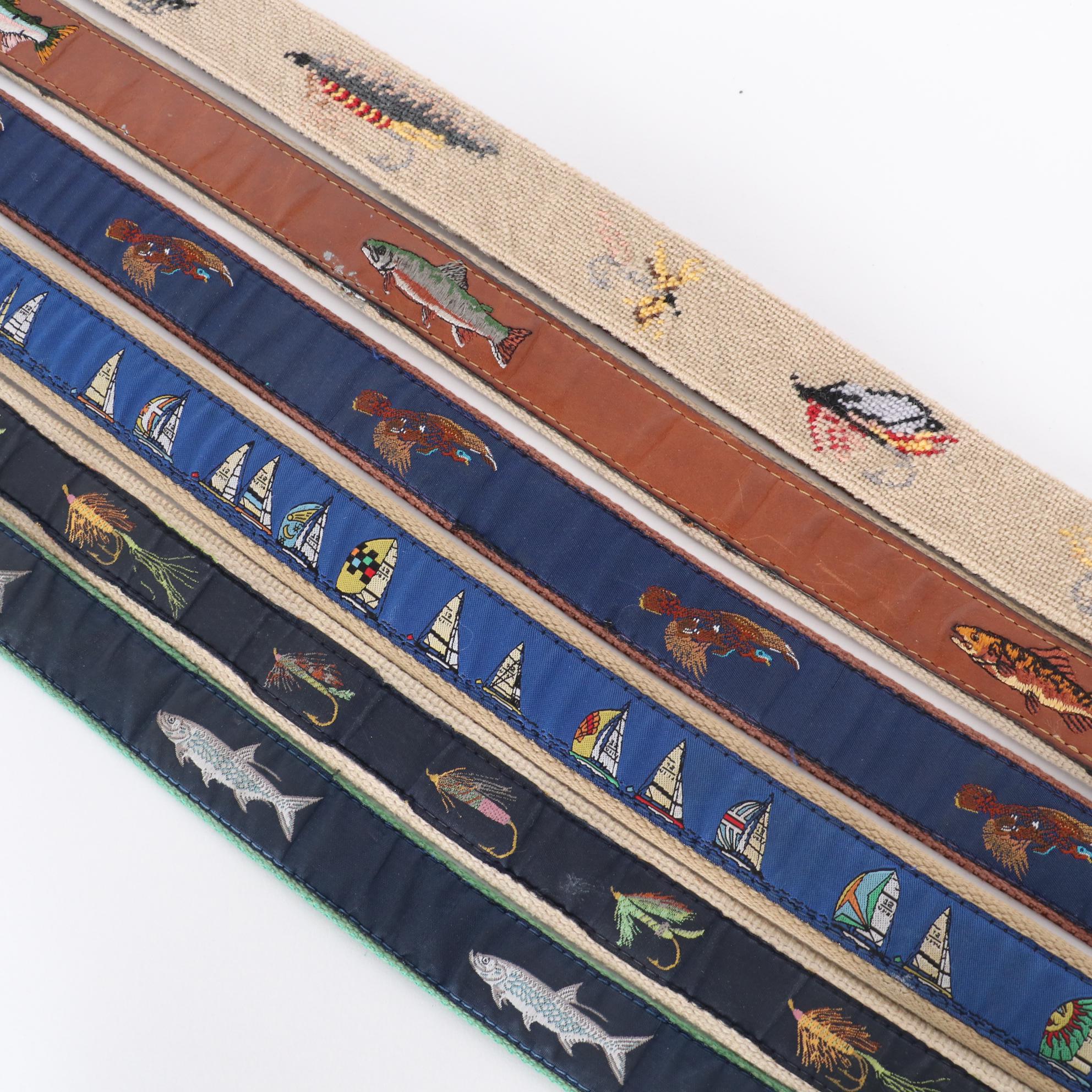 Dan Place Fly Fishing Needlepoint Leather Belt and Other Ribbon Sporting Belts