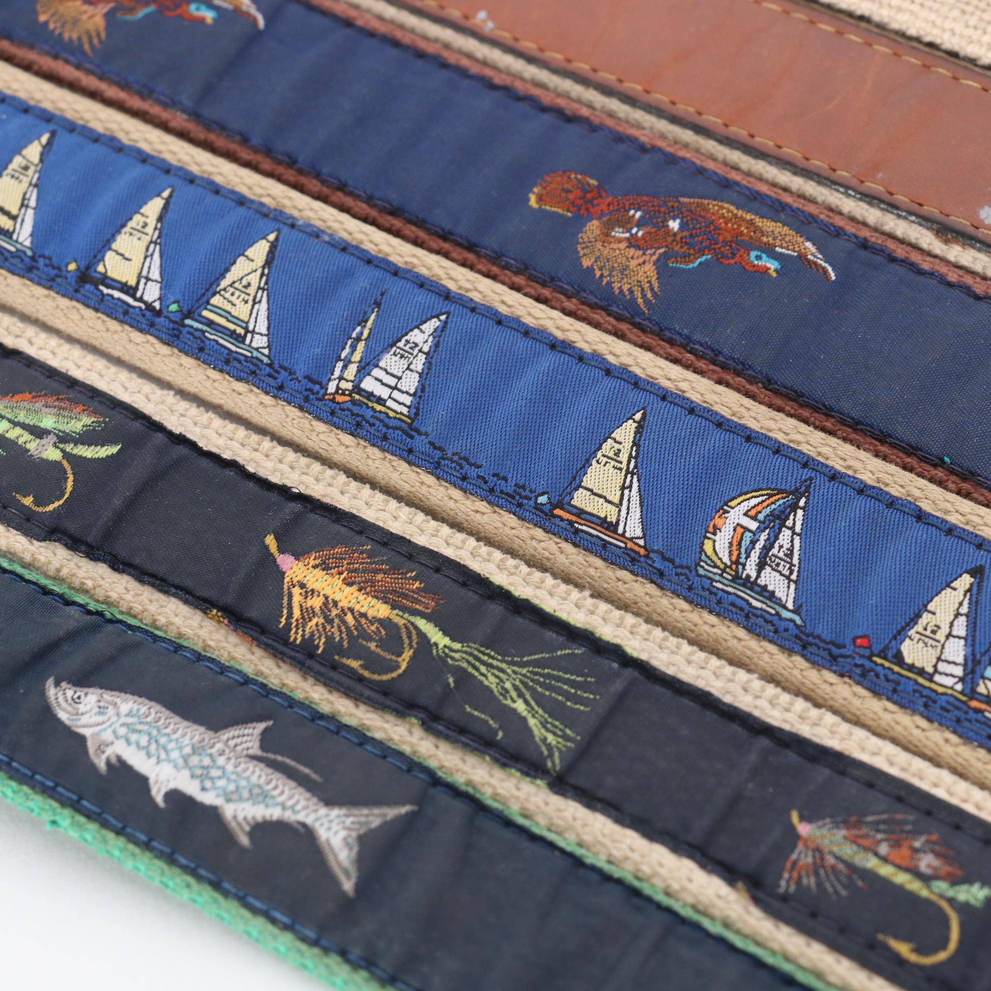 Dan Place Fly Fishing Needlepoint Leather Belt and Other Ribbon Sporting Belts