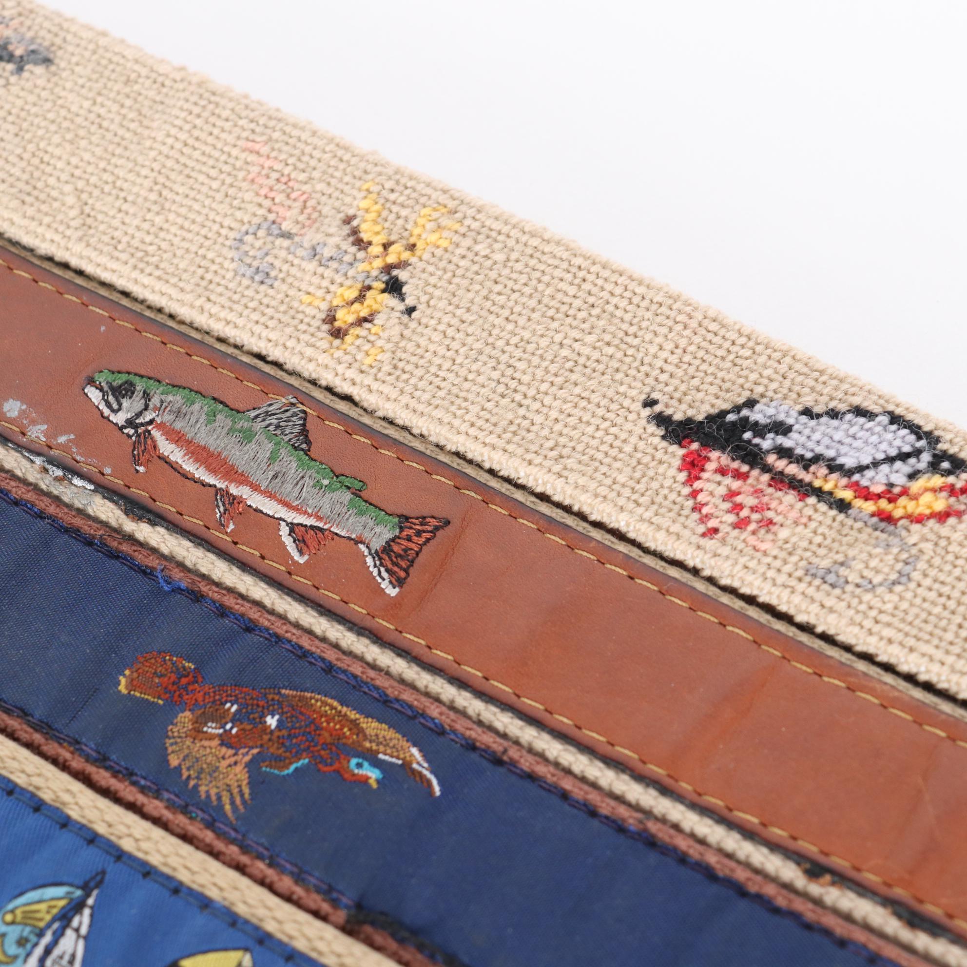 Dan Place Fly Fishing Needlepoint Leather Belt and Other Ribbon Sporting Belts