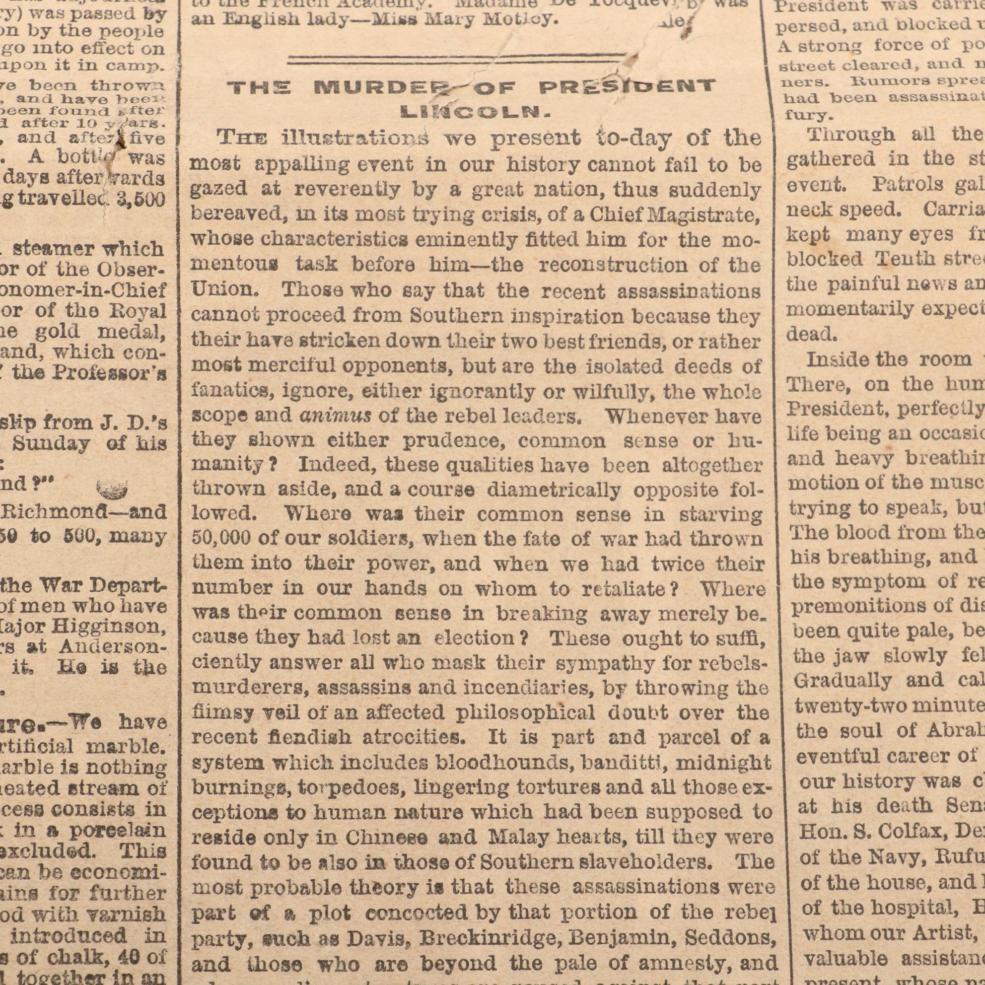"Frank Leslie's Illustrated Newspaper" with Lincoln Assassination Article, 1865