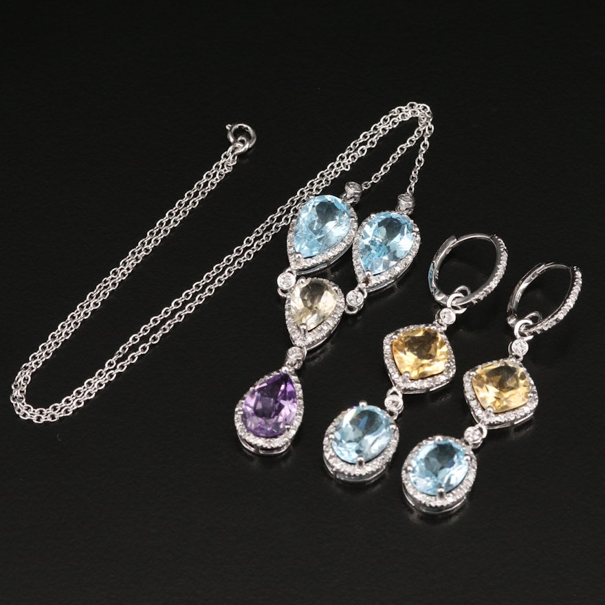 Sterling Drop Necklace and Earrings Featuring Topaz, Citrine and Diamond Accents