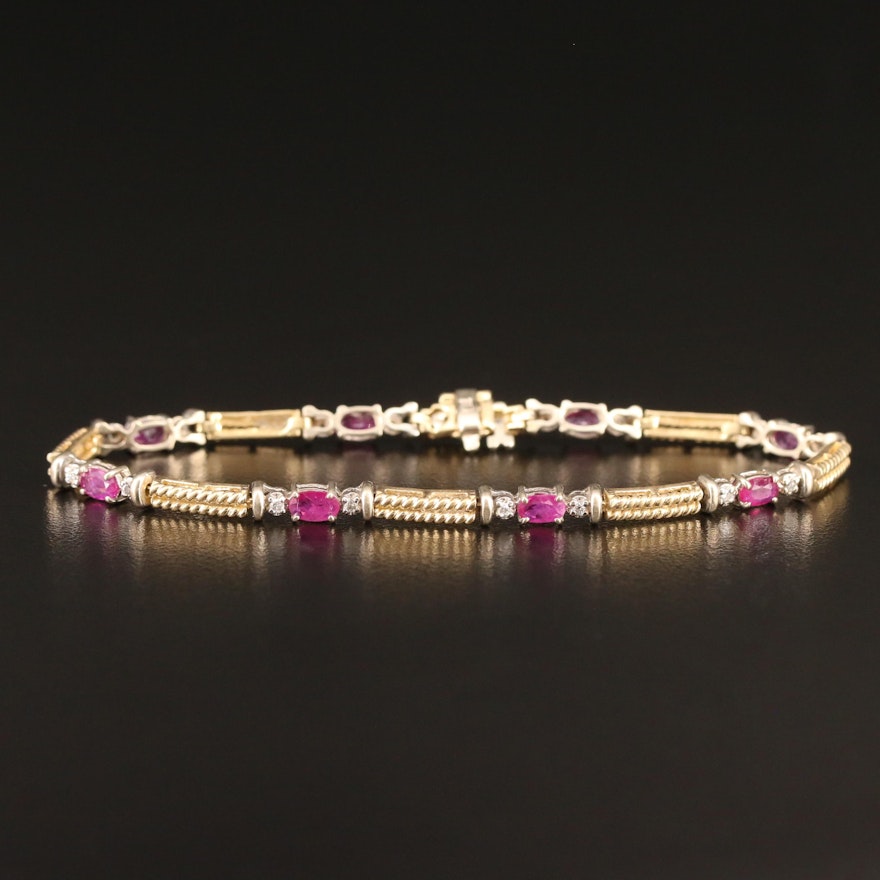 14K Two-Tone Ruby and Diamond Link Bracelet