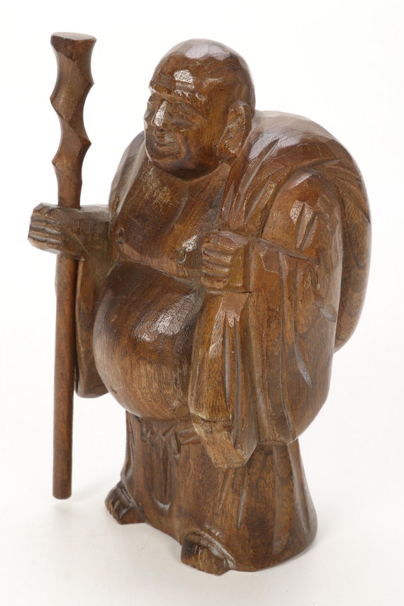 Japanese Style Wooden "Seven Lucky Gods" Figurines with Display Stand