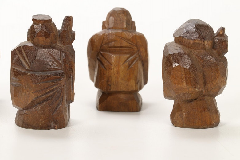 Japanese Style Wooden "Seven Lucky Gods" Figurines with Display Stand