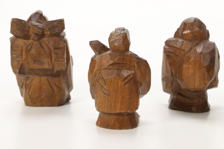 Japanese Style Wooden "Seven Lucky Gods" Figurines with Display Stand