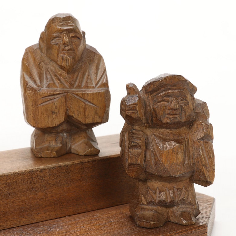 Japanese Style Wooden "Seven Lucky Gods" Figurines with Display Stand