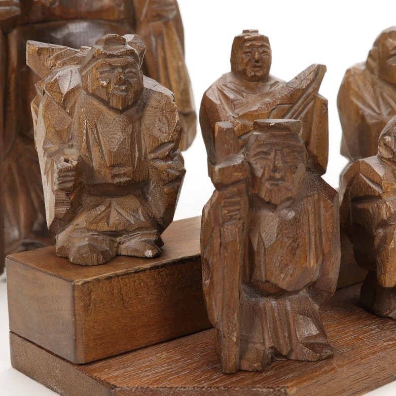 Japanese Style Wooden "Seven Lucky Gods" Figurines with Display Stand