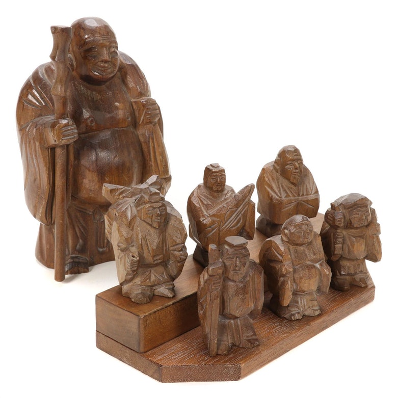 Japanese Style Wooden "Seven Lucky Gods" Figurines with Display Stand