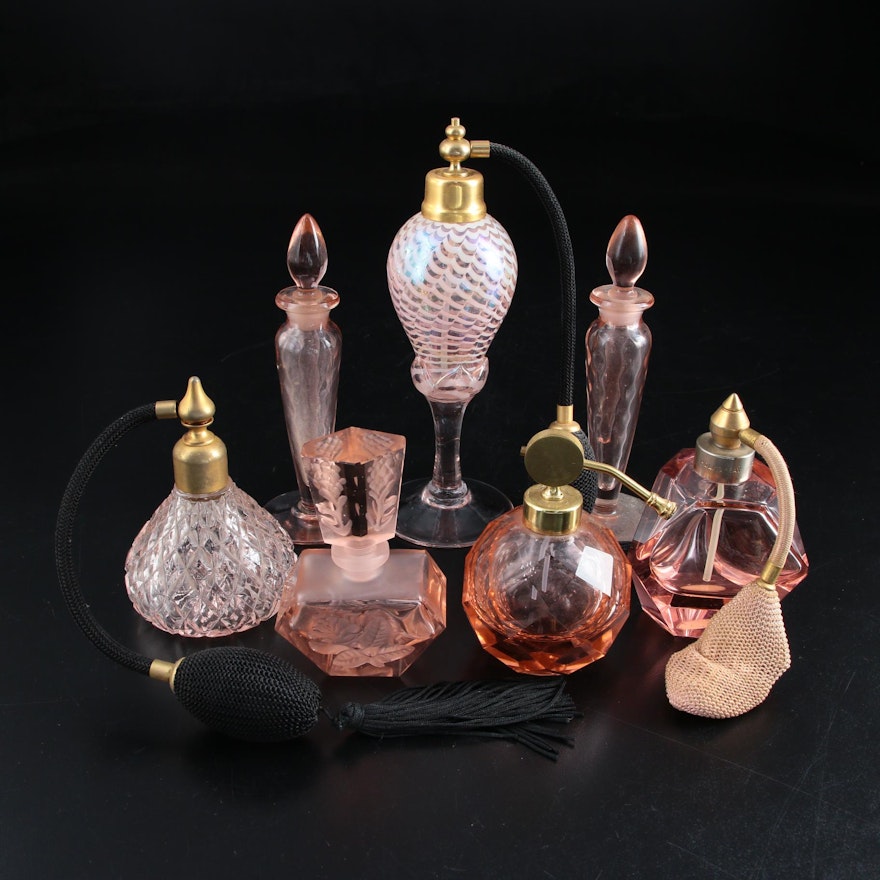 Pink Pulled Feather and Other Pink Glass Perfume Bottles and Atomizers