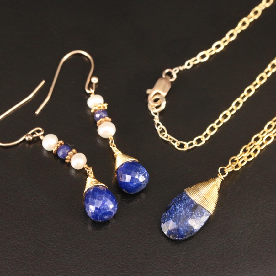 Sterling Silver Sapphire and Pearl Necklace with Gold Filled Drop Earrings